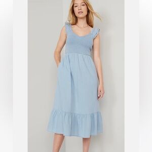 Old Navy Fit Flare Denim Jean Smocked Midi Tiered Dress